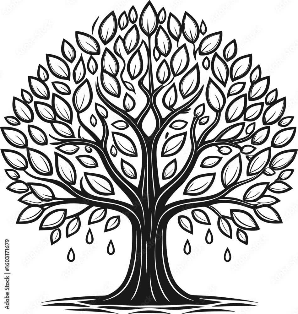 Obraz premium Black and white stylized tree with leaves and falling droplets nature branches