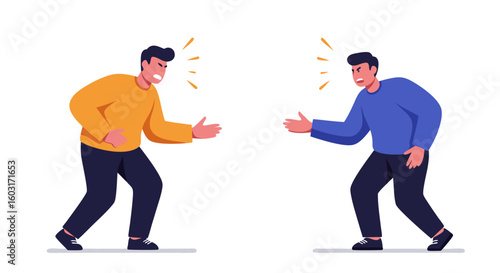 Conflict and disagreement between two people illustrated with an angry expression and gestures for communication and debate representation