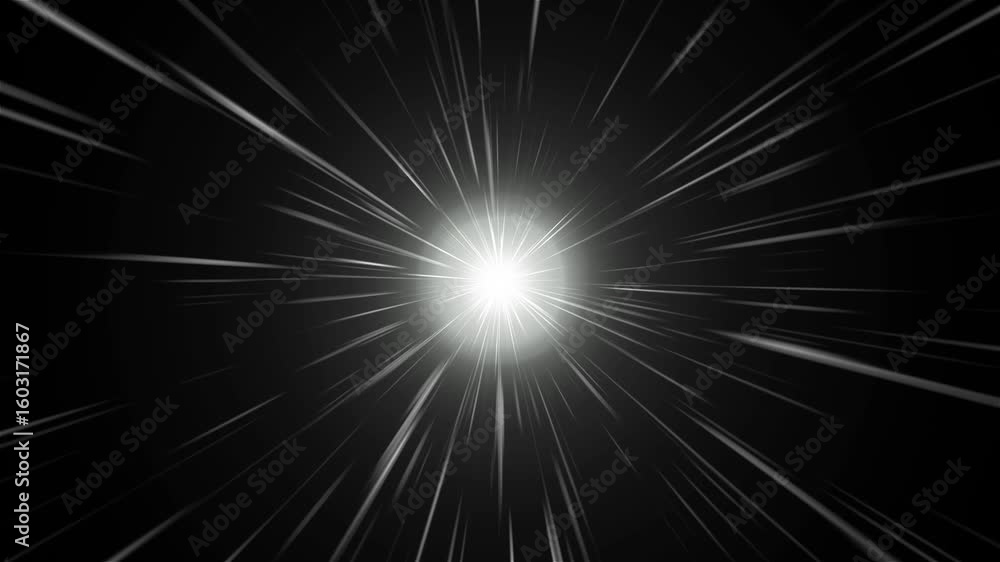 Black and white light burst with streaks and flare, creating a dynamic hyperspace effect loop