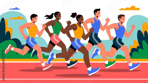 Dynamic Illustration Depicting a Group of Runners Racing on a Track Showing Health and Fitness