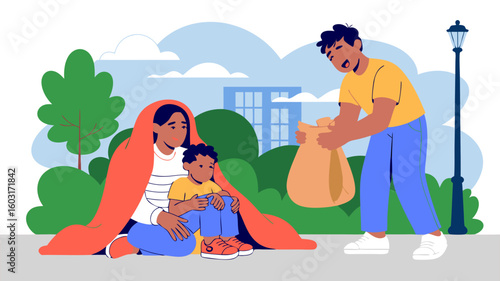 Illustration of charity concept depicting assistance to a mother and child providing support and generosity in the community vector