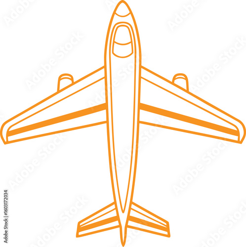 Orange outline of a passenger airplane viewed from directly above aircraft aviation