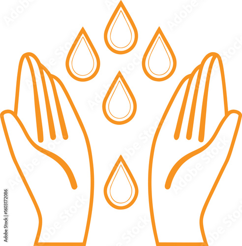 Orange outline of hands cupped upwards receiving falling water drops vector
