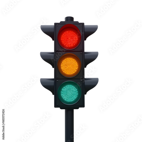 Traffic light with red, yellow, and green lights on transparent background  