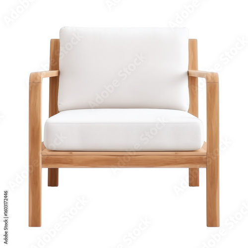 Shop modern outdoor teak lounge chair with white cushions for patio seating on transparent background
