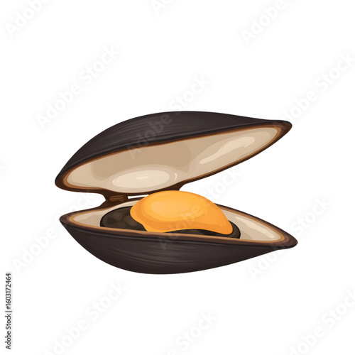 Open mussel shell with yellow pearl isolated on transparent background  