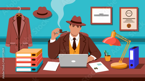 Detective at Desk Smoking Pipe with Laptop, Office Interior Illustration, Vintage Character Design