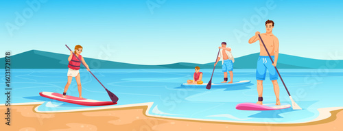 Group of people paddleboarding on lake, cartoon style, with scenic mountain background. Concept of outdoor water activity and family sport. Vector illustration