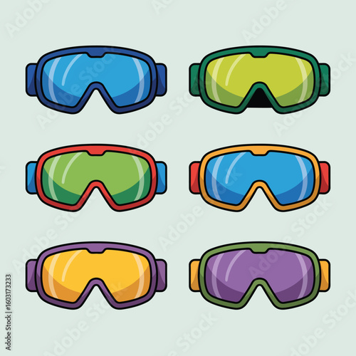 Colorful collection of ski goggles and snowboarding eyewear