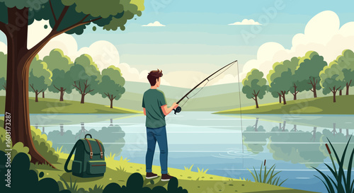 Serene lakeside fishing scene with a backpack resting near a large tree
