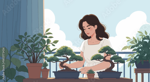 Serene woman tending to bonsai trees on a sunlit balcony, surrounded by potted plants