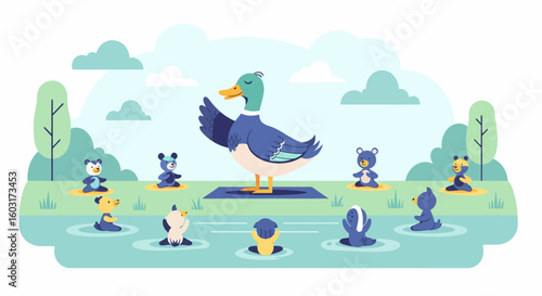 Serene Yoga Session: A Mallard Duck Leads Adorable Bear Cubs and Pandas in a Peaceful Outdoor Practice