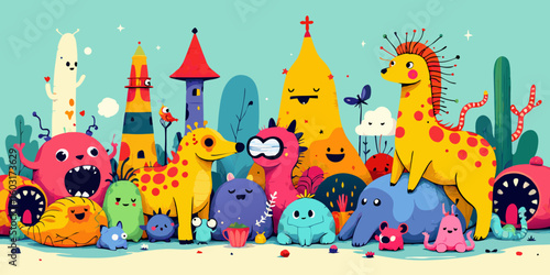Cheerful Characters Whimsical Illustration: Colorful Fantasy Creatures and Architectural Elements in a Playful Artistic Composition