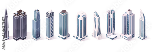 Collection of futuristic skyscraper buildings in isometric style on white background, representing modern urban development. Vector illustration