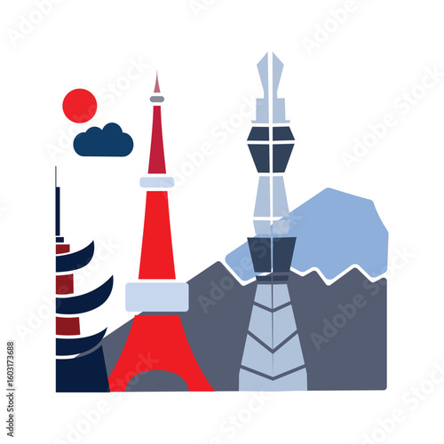 Toyeko City Iwith Monument and Mount Fuji Illustration