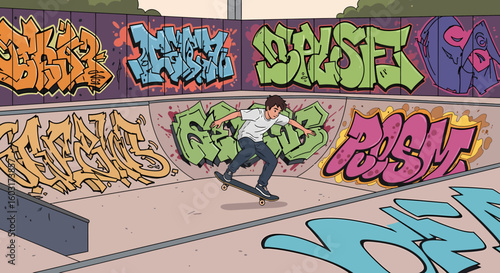 Skateboarder performing a trick in a vibrant graffiti-covered skatepark bowl.