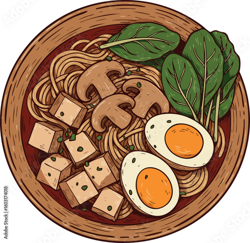 Vegan noodle bowl with tofu mushrooms spinach and boiled egg top view vector illustration