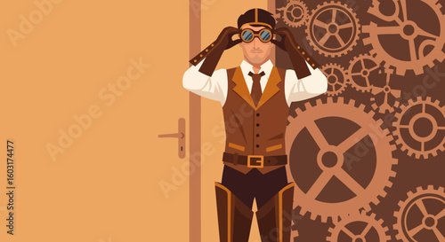 Steampunk Man Adjusting Goggles with Gears and Doorway Backdrop