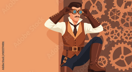 Steampunk man with goggles, brown vest, boots, and gears background