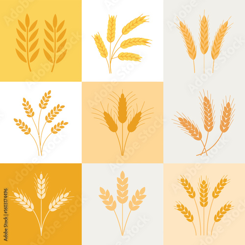 Collection of stylized wheat stalks and ears in various arrangements
