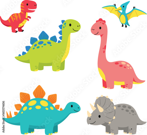 Cartoon dinosaur set with T-Rex, Stegosaurus, Brachiosaurus, Triceratops, Pterodactyl, colorful prehistoric animals, cute vector illustration, isolated