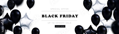 Black and silver foil and latex balloons floating on white background, glossy style, promoting a Black Friday sale event. Vector illustration