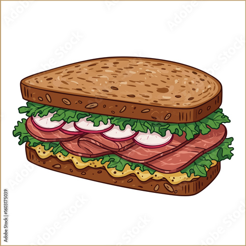 Sandwich with whole grain bread lettuce radish and ham vector illustration natural food