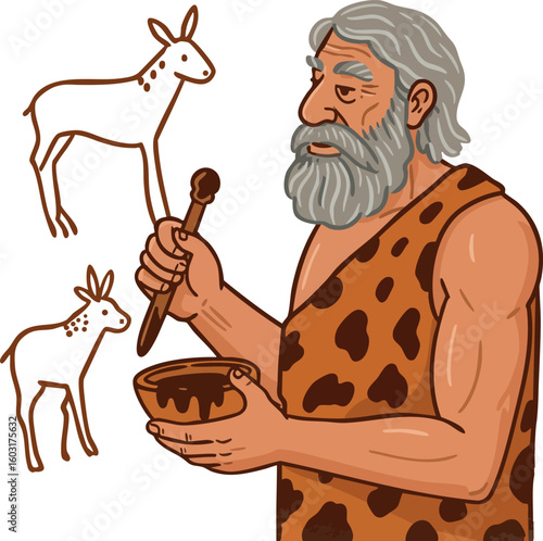 Prehistoric Cave Painter Creating Animal Drawings with Paintbrush and Bowl Vector Illustration