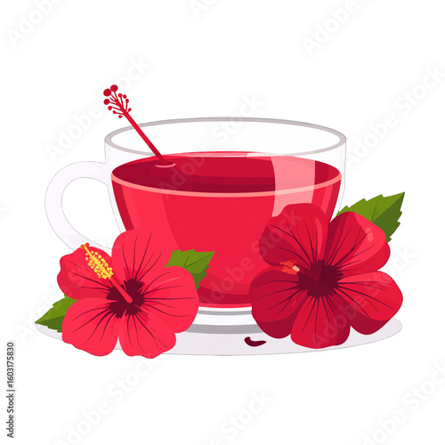 Red Hibiscus Tea In Glass Cup With Flowers