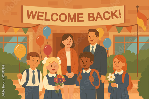 Flat illustration of children and teachers on first day of school with “Welcome Back” poster and festive decorations