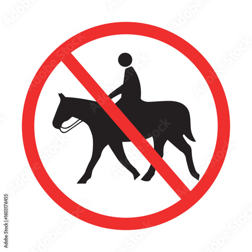 prohibition sign with black silhouette of rider on horse crossed out in red circle