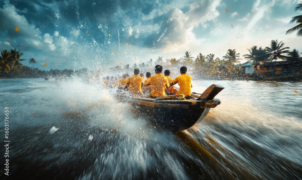 Fototapeta premium Rowers wearing yellow uniforms are paddling fast on a boat, creating splashes and sprays of water, during onam festival celebration in kerala backwaters, india