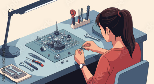 Woman assembling a model kit with tools under a bright desk lamp