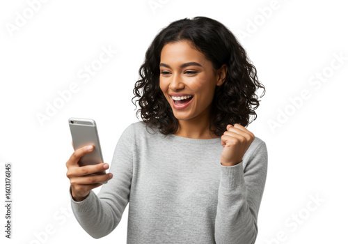 Excited woman looking at phone and celebrating isolated on transparent background