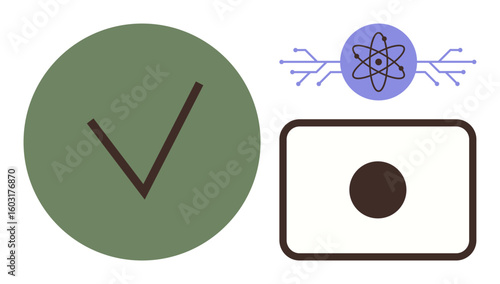 Green circle with check mark, atomic structure with connection lines, black dot in frame. Ideal for concepts thumbs up approval, technology, connection, science, validation, minimalism and systems