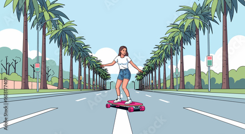 Woman Skateboarding Palm Tree Lined Road Summer