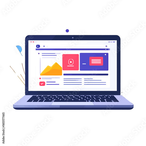 Flat Design Laptop Showing Website Interface With Charts And Graphics