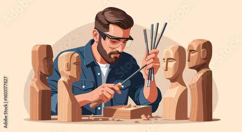 Woodcarver Concentrated on Sculpting Human Busts