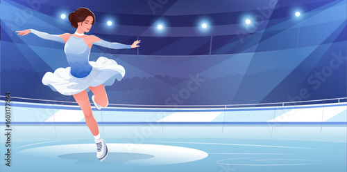 Woman figure skater in blue dress spinning on ice rink, cartoon style, spotlight-lit stadium background, concept of performance and grace. Vector illustration