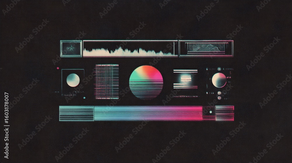 Fototapeta premium Abstract composition with geometric shapes and vibrant color gradients against dark backdrop