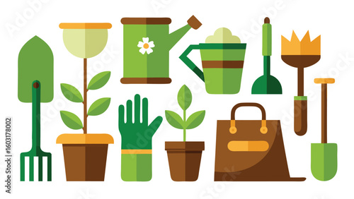 Gardening Tools and Plants in Pots with Green Gloves