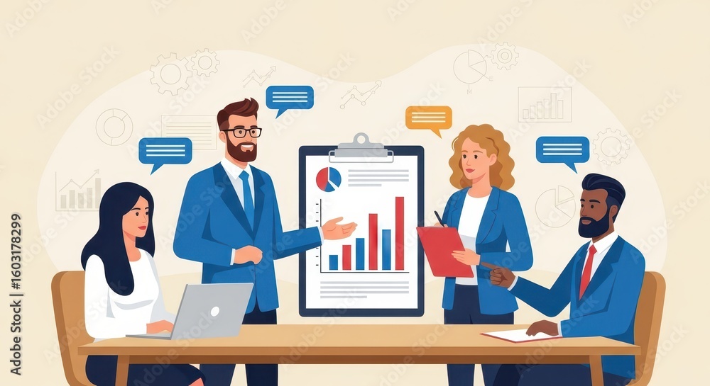 Fototapeta premium Flat illustration of a diverse team of professionals collaborates during a business meeting reviewing data and reports