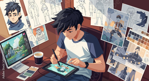 Young Artist Focused on Digital Art Creation