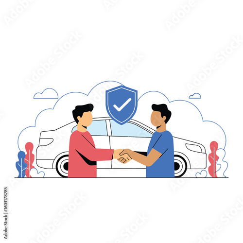 Car insurance agreement handshake with protection shield
