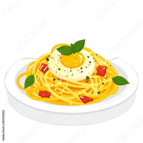 Plate Of Spaghetti With Egg And Basil