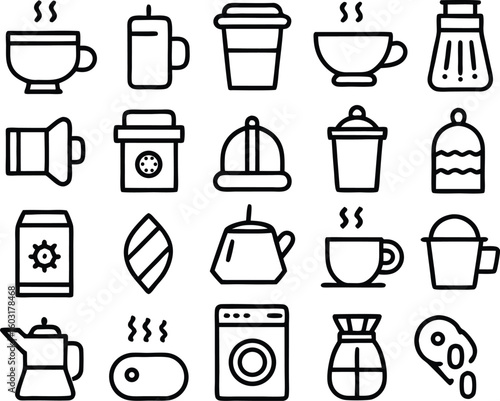 Bold Line Art Coffee and Tea Icons:  Brewing Equipment, Cups, and Drinks.