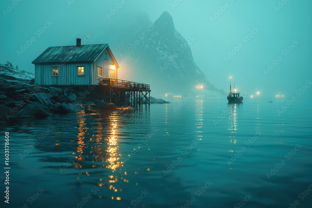 Fototapeta premium Illuminated fishing hut on stilts in a misty fjord at twilight with fishing boats returning home
