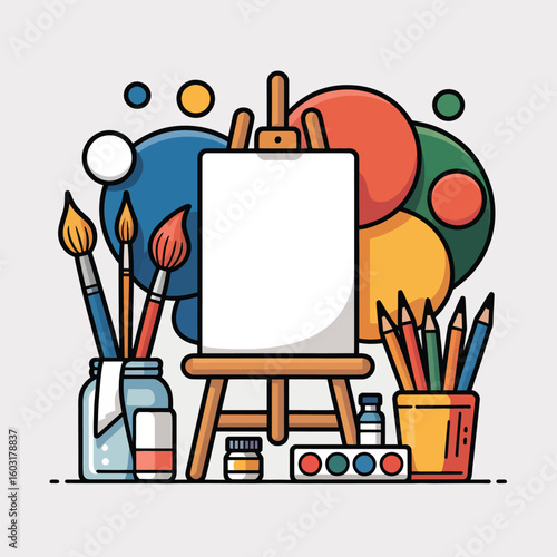 Artistic easel with brushes pencils and paints ready for creation
