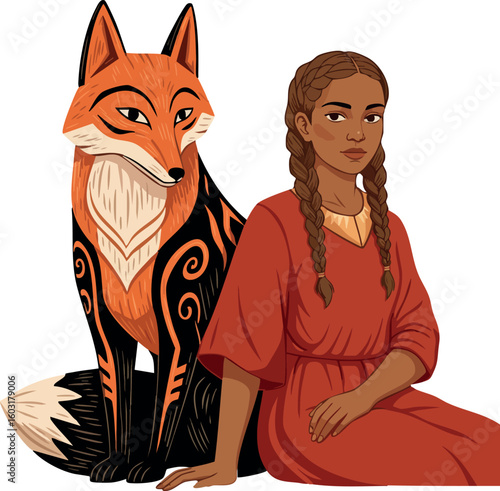 Woman with braided hair sitting beside stylized orange fox in folk art style vector illustration