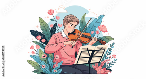 Young Man Serenading with Violin Amidst Blooming Flowers